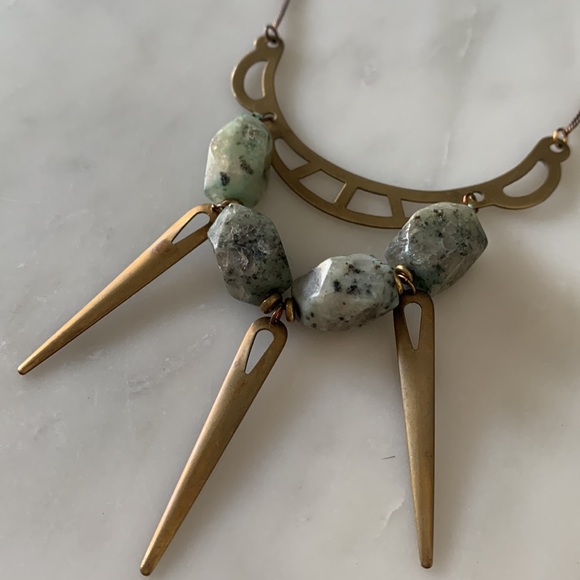 2/$40💎 Bold Gold Statement Necklace with Mint Dalmatian Jasper and Gold Spikes - Picture 4 of 10